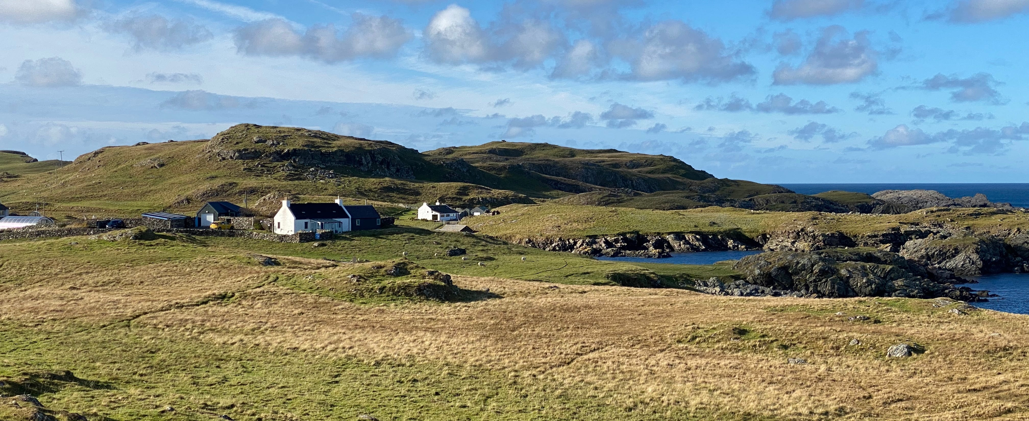 Scenic Shetland landscape with white houses on a grassy hill overlooking the ocean.