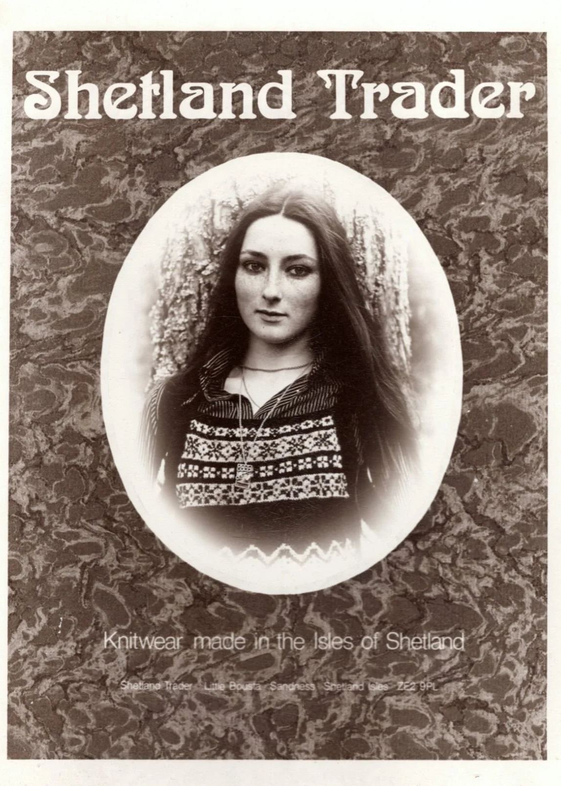 Old, black and white advertisement for Shetland Trader featuring a woman wearing a knitted colorwork sweater with a textured background.