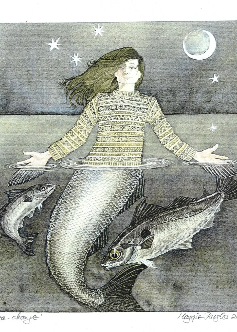 Illustration of a mermaid wearing a Fair Isle knitted sweater, with fish and stars in the background